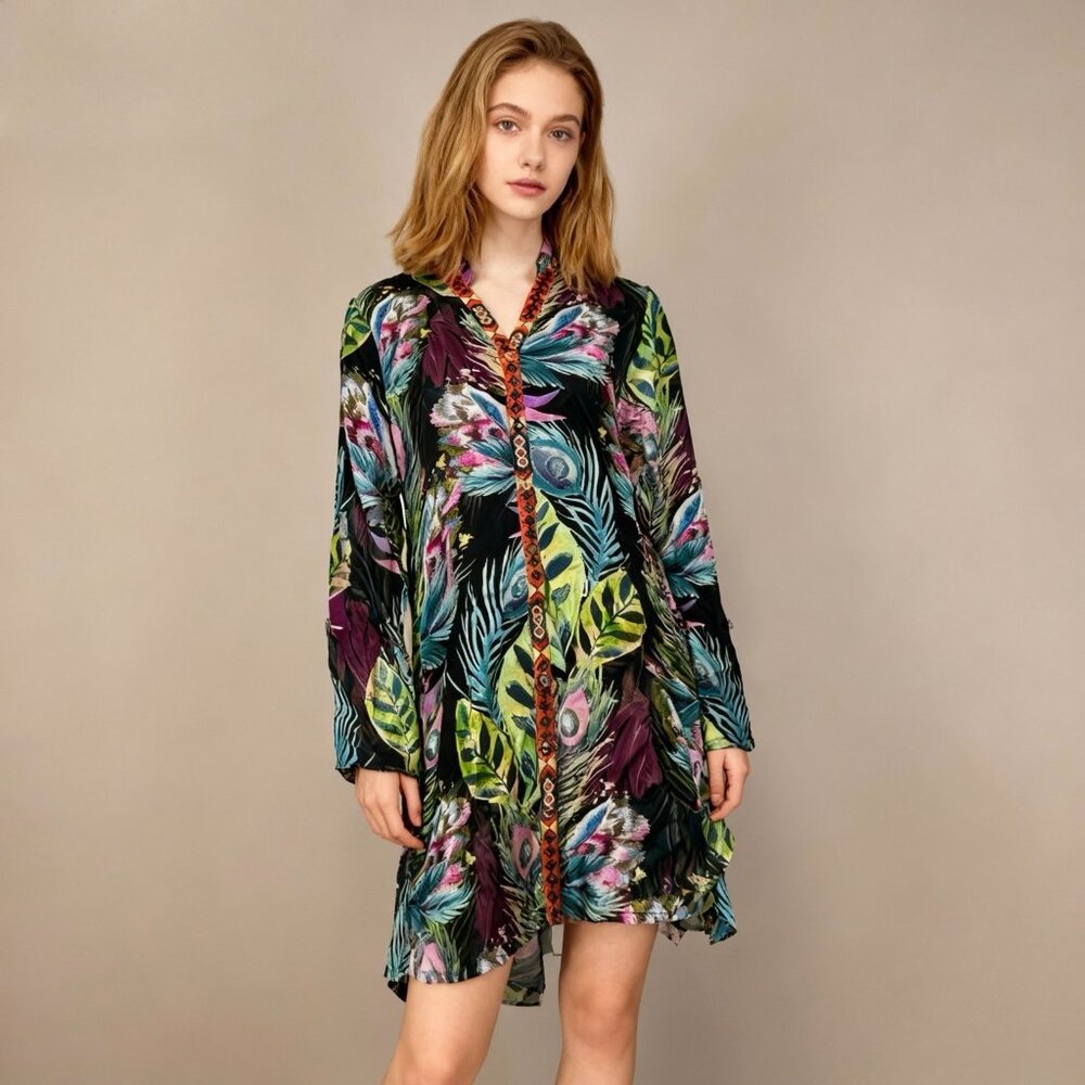 NWOT Johnny Was Multicolor Leaf Print Embroidered Floral Kimono/Coverup S
